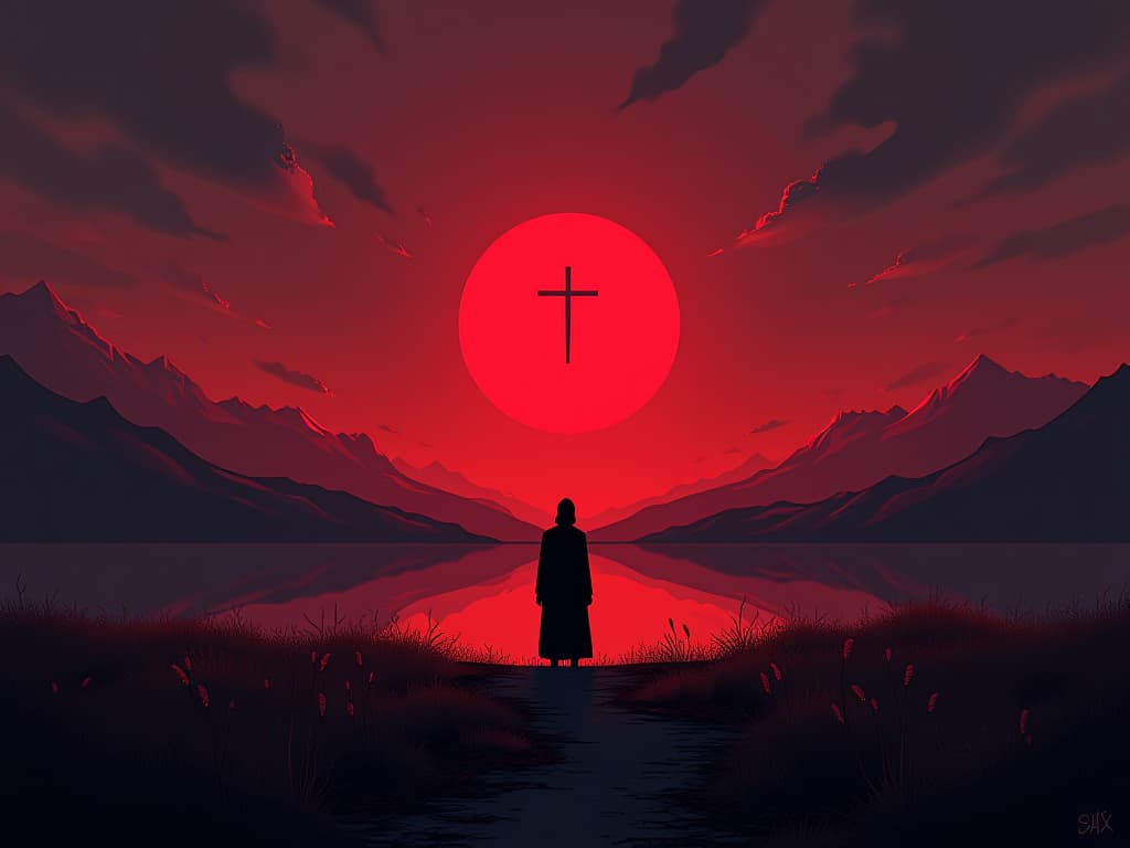  lonely but peaceful figure in red, standing in a serene landscape under twilight, mood of solitary tranquility. the style is digital art illustration / modern comic book / graphic dark novel fantasy and mysterious occult, symbolic, moody lighting, esoteric vibe,high detail on character design. for the color scheme emphasize blacks and reds.