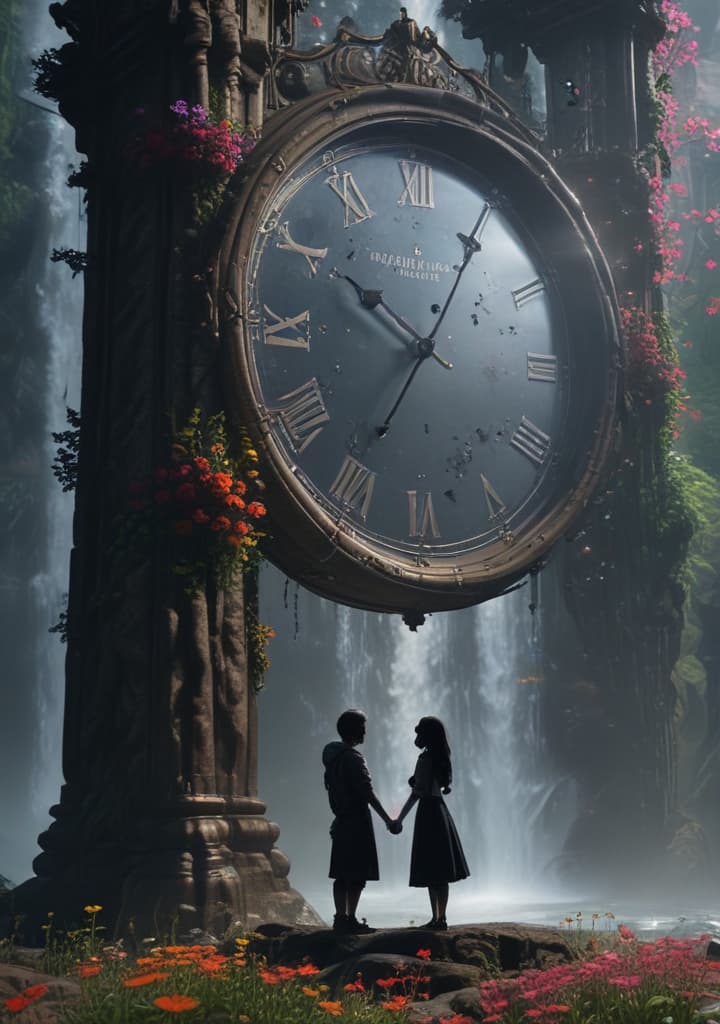 4k live clock that tells the real time. Floating over a high waterfall, with flowers and butterflies, while two anime characters hold hands in the distance looking up at the majestic clock. you cannot see these two characters... only their black silhouette. highly detailed,studio lighting,professional,vivid colors, cinematic lighting, HDR, UHD, 4K, 8k, 64K