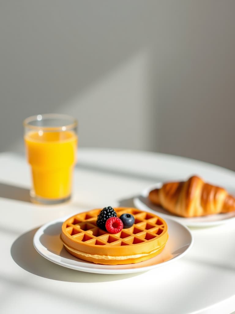  a minimalistic high key food photography scene featuring an off center arrangement of a glass of freshly squeezed orange juice, a single golden waffle topped with a few fresh berries, and a delicate croissant on a white plate. the composition is sparse, with plenty of negative space, highlighting the clean, bright atmosphere. the soft, natural lighting emphasizes the freshness and simplicity of the food, creating an elegant and understated morning brunch setting.