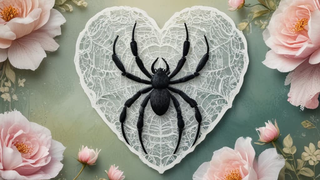 Create artwork a spider with ((8 legs)) weaves the finest white lace-web stretched between blooming flowers. lace pattern - lace heart --ar 16:9 using watercolor techniques, featuring fluid colors, subtle gradients, transparency associated with watercolor art