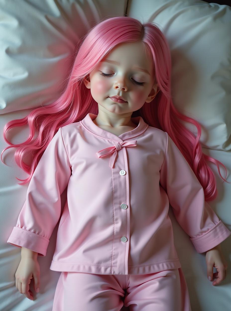  long pink hair, closed eyes, old, girl, pink pyjamas, laying on bed, sleeping, full body, ribbon , gigantic s, hypers, age, atb, full body, high quality, high details, hd, perfect composition, 4k epic detailed, highly detailed, sharp focus, high resolution