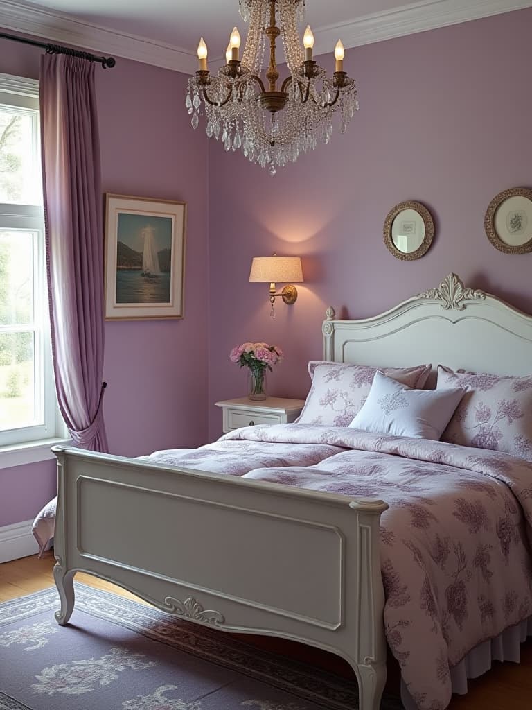  high quality portrait photo of a romantic french country bedroom with soft lavender walls, distressed white furniture, and floral patterned bedding in shades of purple and cream, illuminated by a crystal chandelier, viewed from the foot of the bed hyperrealistic, full body, detailed clothing, highly detailed, cinematic lighting, stunningly beautiful, intricate, sharp focus, f/1. 8, 85mm, (centered image composition), (professionally color graded), ((bright soft diffused light)), volumetric fog, trending on instagram, trending on tumblr, HDR 4K, 8K