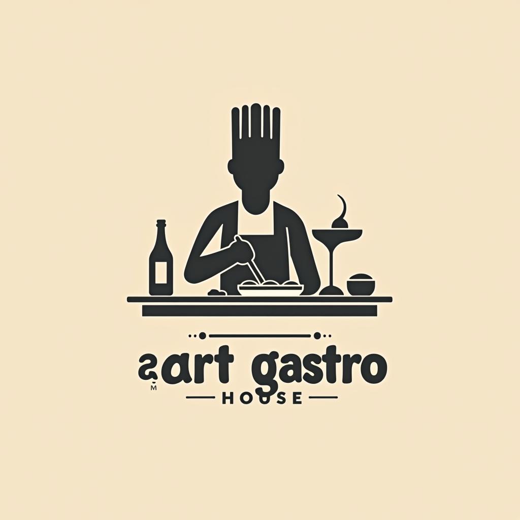  design a logo, in a minimalism style. fundo branco silhueta de cozinheiro montando prato de sushi, entregas de comida , with the text 'art gastro house'.