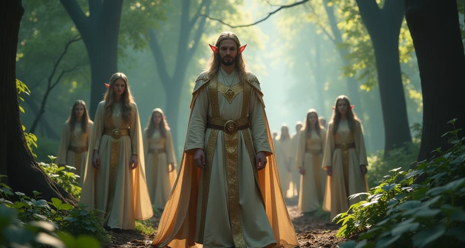  a noble elf in glittering robes leads a group of mystical beings in a magical forest. his presence exudes divine purpose, guiding by example, regal and inspiring, ethereal leadership.. the style is digital art illustration,highly detailed, whimsical,magical, dreamlike atmosphere, realism and fantasy blend, smooth, glossy textures,luminous quality, wonder and enchantment.