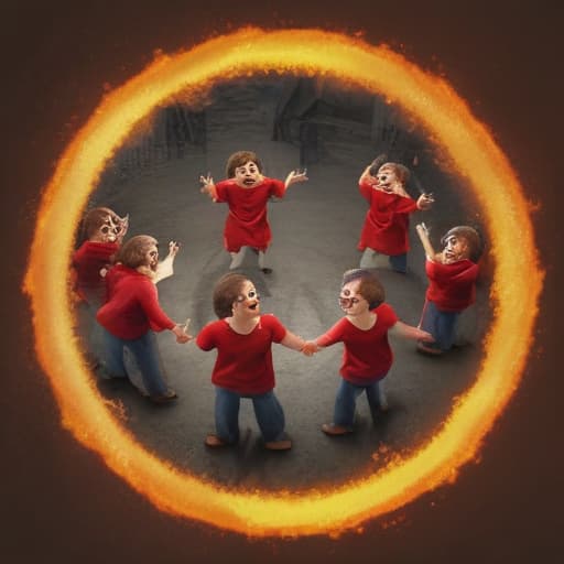 A 360 degree circle with fire brimstone children laughing