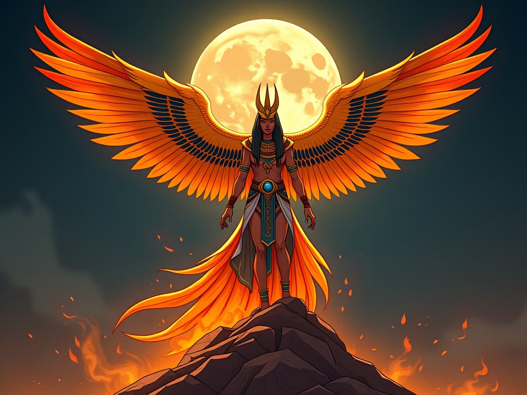  phoenix rising from flames, feathers glistening under the full moon, symbolizing the cultivation of resilience. the style is digital art illustration / modern comic book / mysterious occult, symbolic, esoteric vibe,high detail on character design, incorporating ancient egyptian symbology and attire.