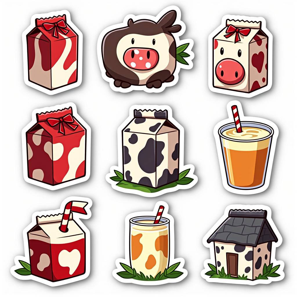  vector art stickers, a milk carton, professional vector design, sticker designs, sticker sheet