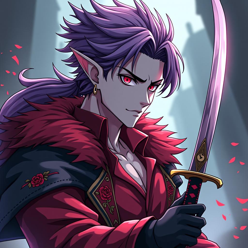  manga style a dark elf male pirate holding in his right hand a katana with a guard in the shape of a rose flower from the bud of which the blade comes out, his face is turned straight marble white skin, purple scarlet hair, lavender eyes with a red tint, dressed in a red violet shirt embroidered with red gold over the shirt wears a leather coat with a fur collar of dark scarlet colors,hairstyle in the style of hedgehog hair. an earring in the ear, in the shape of a month. the crescent moon tattoo . vibrant, high energy, detailed, iconic, japanese comic style hyperrealistic, full body, detailed clothing, highly detailed, cinematic lighting, stunningly beautiful, intricate, sharp focus, f/1. 8, 85mm, (centered image composition), (professionally color graded), ((bright soft diffused light)), volumetric fog, trending on instagram, trending on tumblr, HDR 4K, 8K