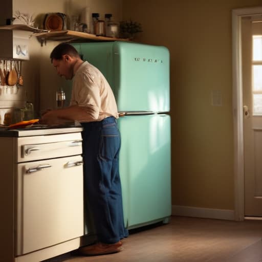 A photo of a skilled technician repairing a vintage refrigerator in a retro-styled kitchen during early evening with warm ambient lighting casting soft shadows across the room.