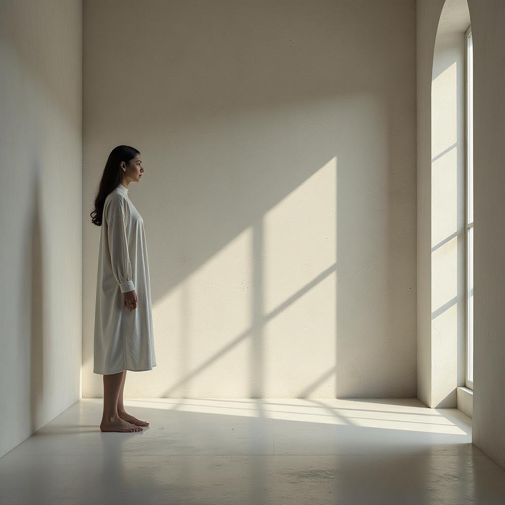  minimalistic interior with an empty wall. hyperrealistic, full body, detailed clothing, highly detailed, cinematic lighting, stunningly beautiful, intricate, sharp focus, f/1. 8, 85mm, (centered image composition), (professionally color graded), ((bright soft diffused light)), volumetric fog, trending on instagram, trending on tumblr, HDR 4K, 8K