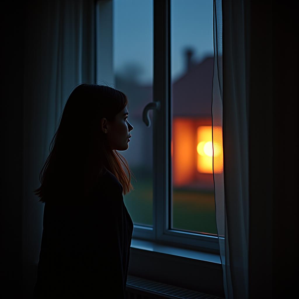  a young woman late at night, she stands by her bedroom window, her face illuminated by the bright light of a fire outside, she looks frightened as she gazes out the window, a masterpiece, cinematography, film, photorealism