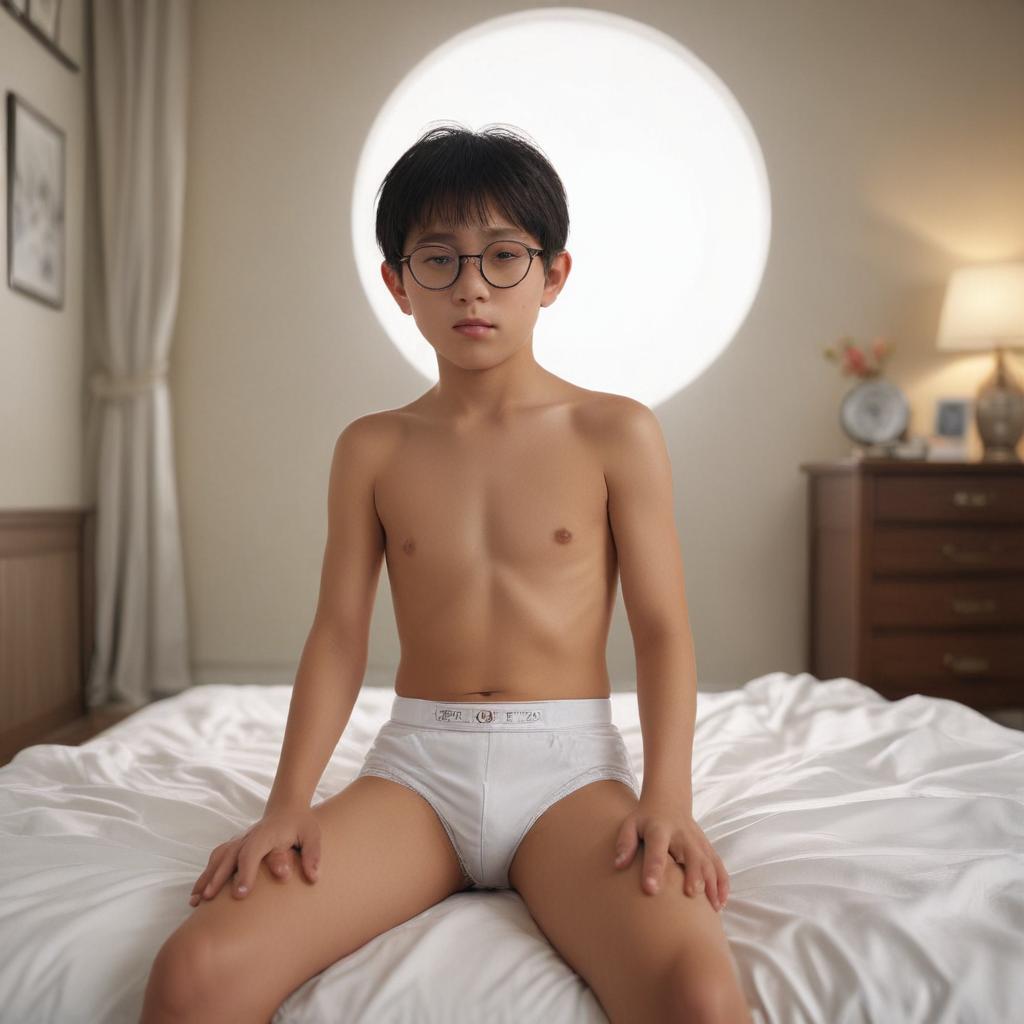 ((masterpiece)),(((best quality))), 8k, high detailed, ultra detailed, a Japanese 10 year old boy wearing 1980s style white briefs in a room, with circular glasses, sleeping hyperrealistic, full body, detailed clothing, highly detailed, cinematic lighting, stunningly beautiful, intricate, sharp focus, f/1. 8, 85mm, (centered image composition), (professionally color graded), ((bright soft diffused light)), volumetric fog, trending on instagram, trending on tumblr, HDR 4K, 8K