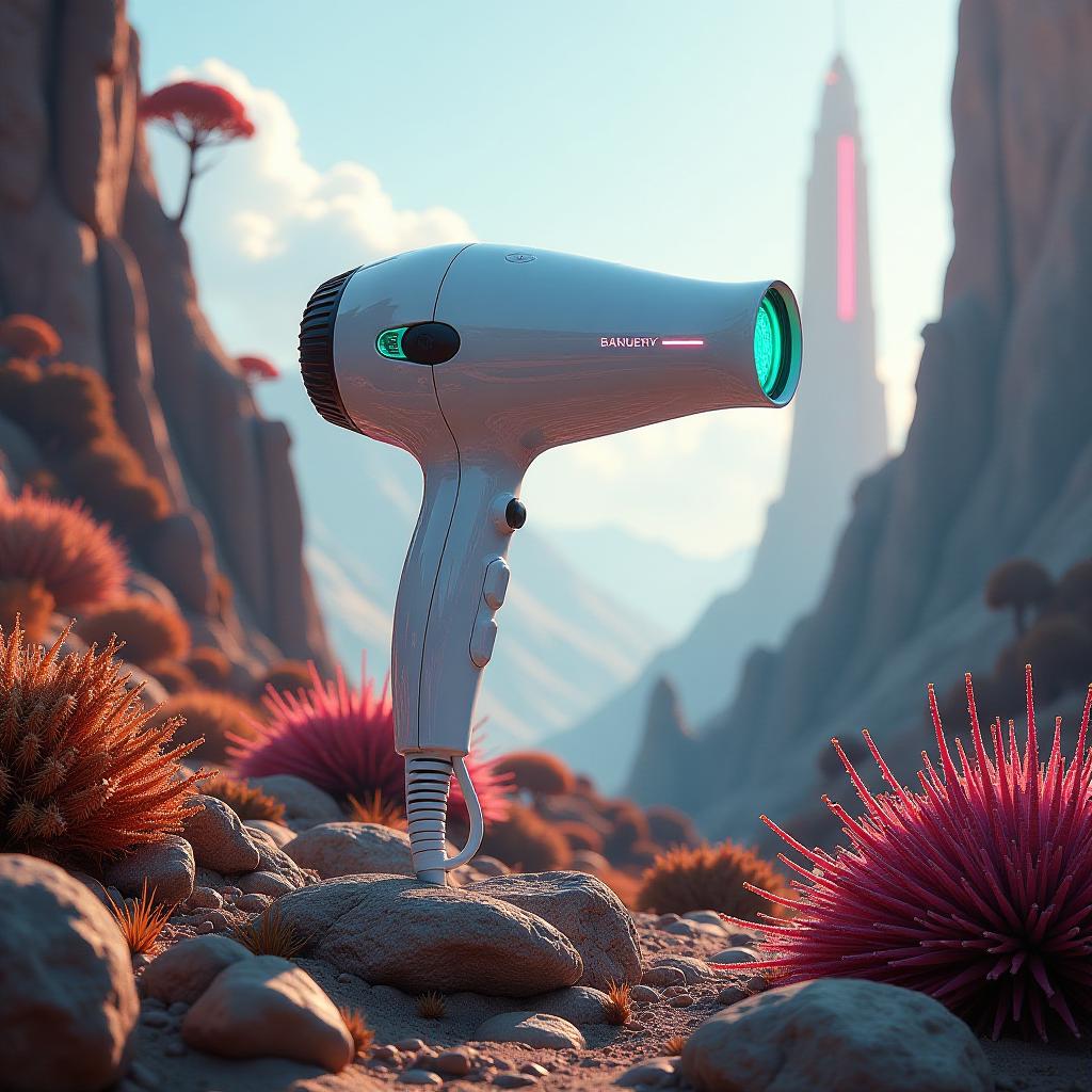  a futuristic hairdryer designed for use on an alien planet, showcasing innovative architectural elements in its form. the hairdryer should blend seamlessly with the otherworldly environment, featuring bioluminescent materials that glow softly in the alien atmosphere. the perspective angle should capture the unique features of the hairdryer as it stands on a rocky landscape filled with vibrant, unusual flora and fauna. the scene should emphasize the contrast between the sleek, advanced technology of the hairdryer and the natural, chaotic beauty of the alien world. the background should include towering structures that resemble futuristic architecture, incorporating organic shapes and vibrant colors. light should filter through the unusual cl