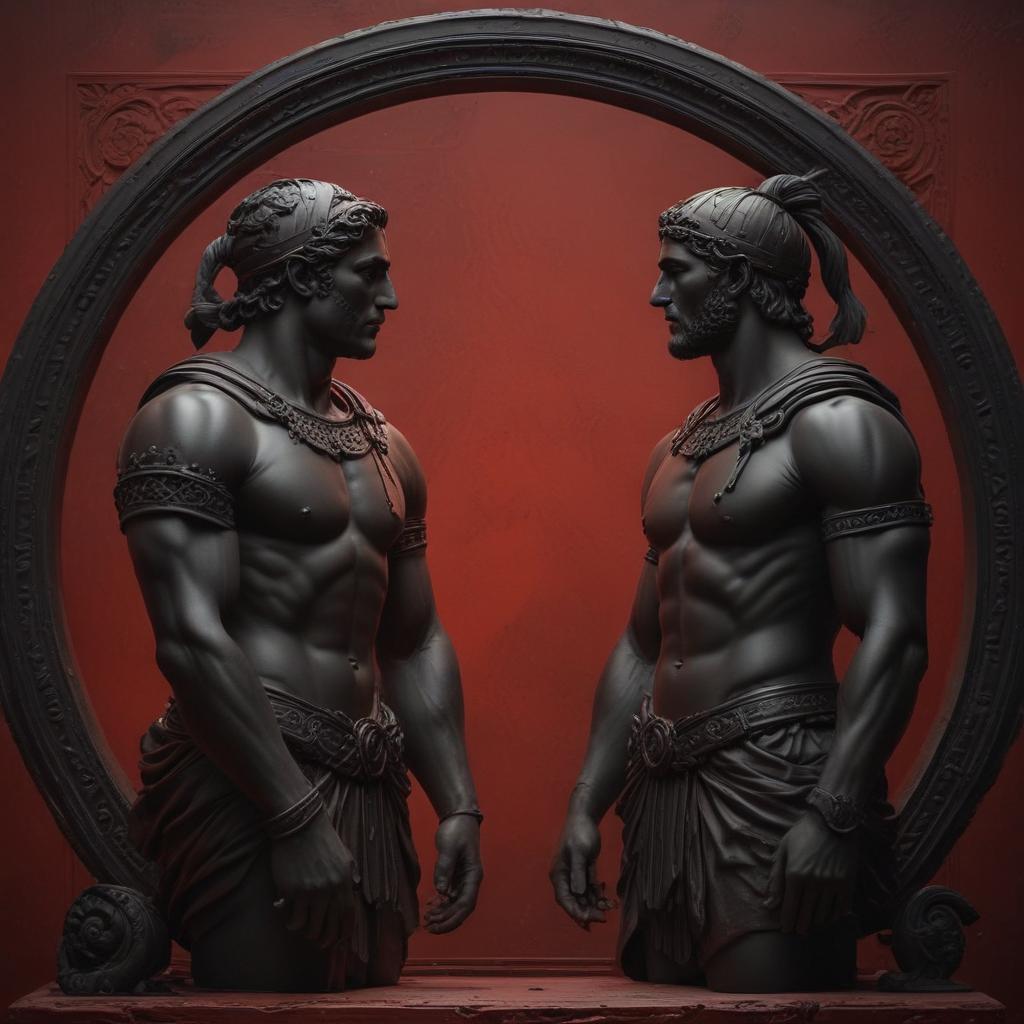 A symbolic image showcasing the shared humanity that binds us all, transcending boundaries. Depict a moment of realization and connection between Priam and Achilles, with a focus on their expressions and body language conveying a sense of unity and compassion."in the style of classical Greek pottery art, with intricate black figures on a red background, depicting mythological scenes with a focus on gods and heroes, using a limited color palette of red, black, and white"This image is a breathtaking painting that captures the magical scene with vivid detail. The overall composition is spellbinding, showcasing a perfect harmony. photorealism fantasy, unreal engine 5, concept hyperrealistic, full body, detailed clothing, highly detailed, cinematic lighting, stunningly beautiful, intricate, sharp focus, f/1. 8, 85mm, (centered image composition), (professionally color graded), ((bright soft diffused light)), volumetric fog, trending on instagram, trending on tumblr, HDR 4K, 8K