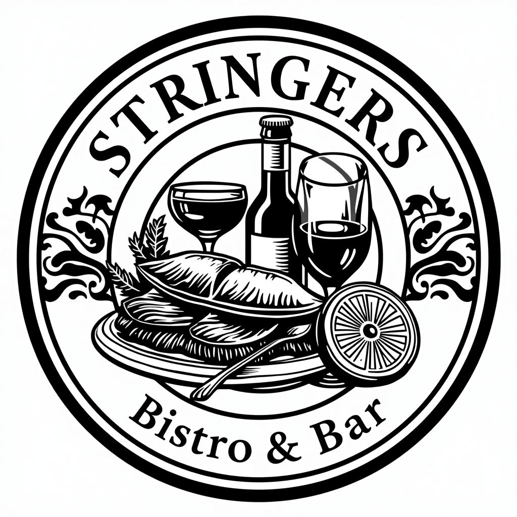  stringers bistro & bar, (logo:1.15), black and white, hq, hightly detailed, 4k