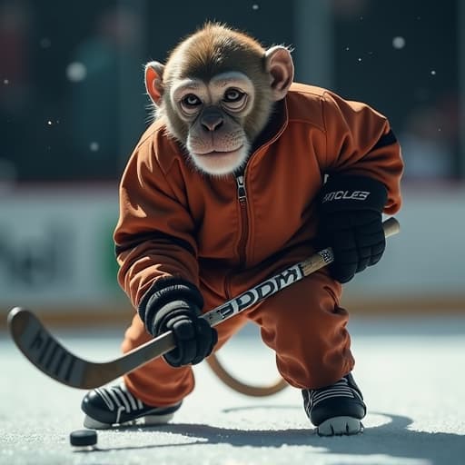  monkey, hockeystick logogiven brand name "" logo will also be written hyperrealistic, full body, detailed clothing, highly detailed, cinematic lighting, stunningly beautiful, intricate, sharp focus, f/1. 8, 85mm, (centered image composition), (professionally color graded), ((bright soft diffused light)), volumetric fog, trending on instagram, trending on tumblr, HDR 4K, 8K