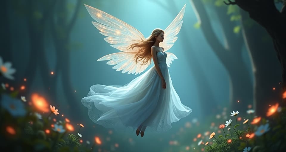  ethereal angel with glowing floral wings, floating in a mystical forest filled with luminescent flowers. her translucent gown flows in the soft, magical light, creating a serene and enchanting atmosphere.. the style is digital art illustration,highly detailed, whimsical,magical, dreamlike atmosphere, realism and fantasy blend, smooth, glossy textures,luminous quality, wonder and enchantment.