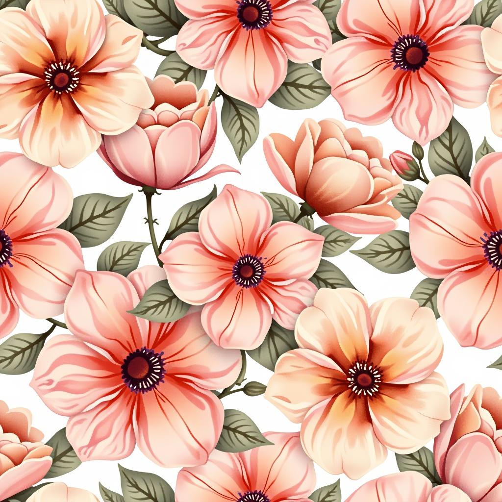  create a seamless digital design featuring a pattern of large, beautiful flowers with soft, watercolor like effects. the flowers should cover the entire surface, creating a bold, elegant, and continuous look. the overall style should be light and airy, with delicate leaves and petals to enhance the natural, floral theme. the design should be seamless to ensure it can be used in repeating patterns or wraps.