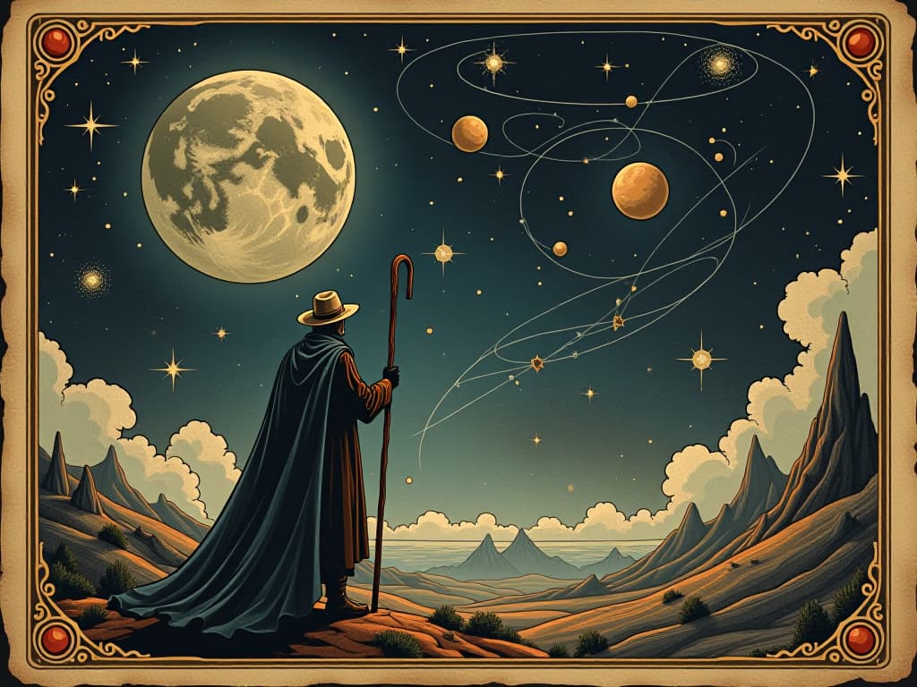  an explorer with a staff, gazing at a cosmic map, celestial bodies in background, pathways through stars, readiness to traverse cosmic landscapes, infinite exploration. an illustration in the style of a worn, mystical old tarot trump card, mysterious and elements of surrealism. the colors are muted, somber and eerie, but with contrast bring out an occult and esoteric vibe.