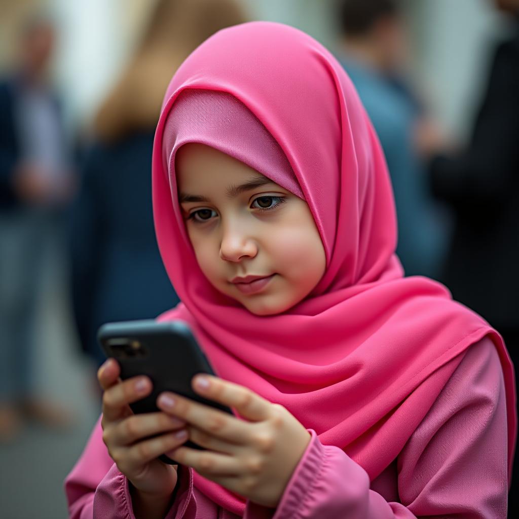  a girl in a pink niqab is looking at her phone.