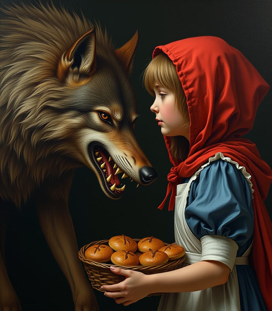  fairy tale masterpiece. (painting. evil wolf and a girl “red cap” , a girl in a red cap, in a blue dress and a white apron, with a basket of pies, based on charles perrault's fairy tale “little red riding hood”:1.5). (intense close up:1.2). highly detailed strokes, clarity. fairy tale style. the style of the artist dürer:1.5.) . magical, fantastical, enchanting, storybook style, highly detailed hyperrealistic, full body, detailed clothing, highly detailed, cinematic lighting, stunningly beautiful, intricate, sharp focus, f/1. 8, 85mm, (centered image composition), (professionally color graded), ((bright soft diffused light)), volumetric fog, trending on instagram, trending on tumblr, HDR 4K, 8K