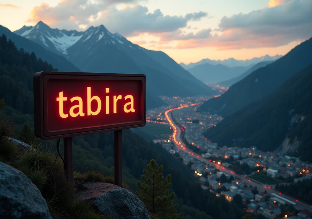  an aerial view of a sign with the word 'neo tabira' written on it, in a small future basque city surrounded by mountains at dusk, where evil corporations can be seen., high quality, high details, hd, perfect composition, 4k epic detailed, highly detailed, sharp focus, high resolution