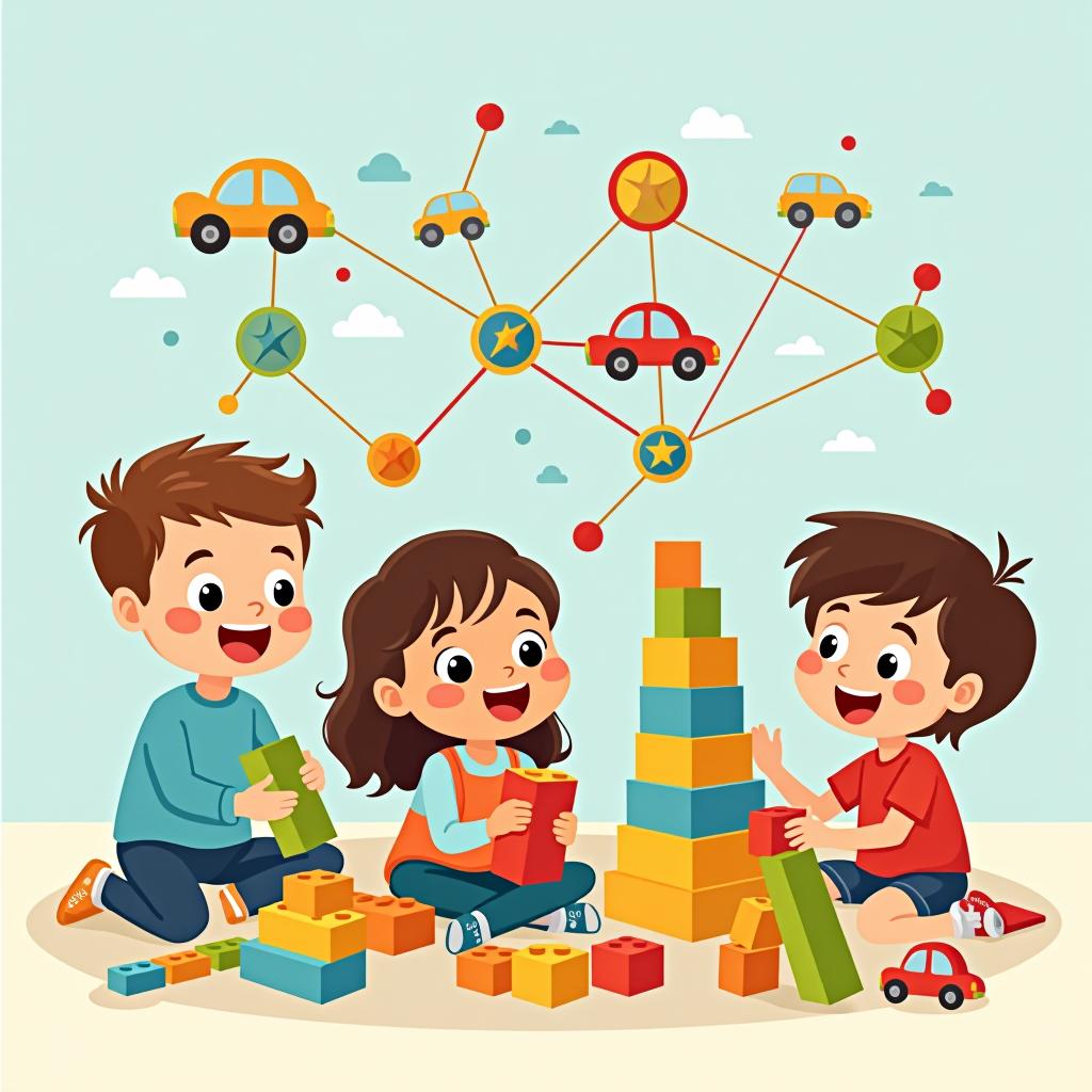  cartoon children are playing with building blocks, cars, pyramids, and a neural network.