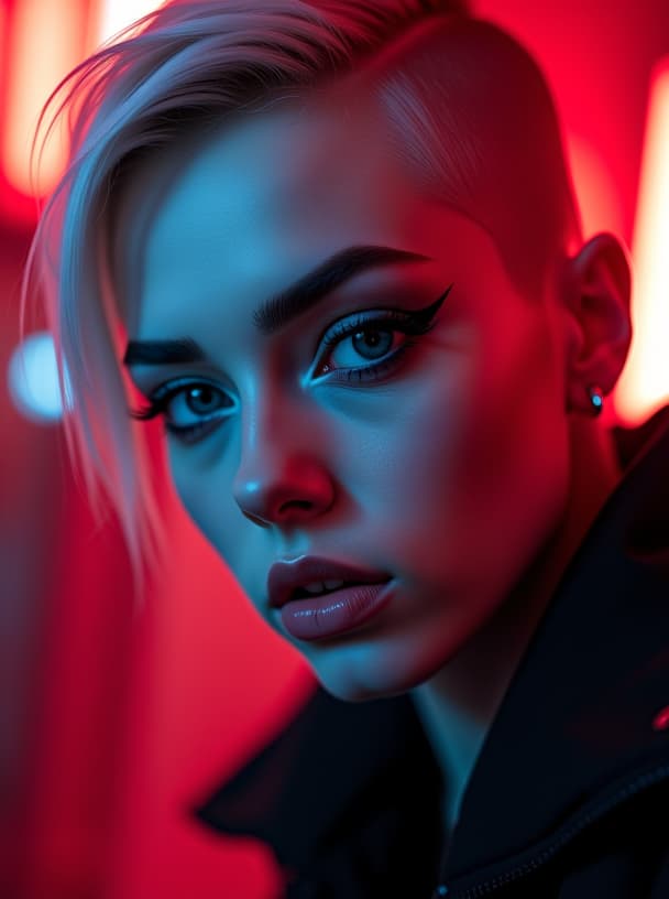  ultra realistic close up portrait ((beautiful pale cyberpunk female with heavy black eyeliner)), blue eyes, shaved side haircut, hyper detail, cinematic lighting, magic neon, dark red city, canon eos r3, nikon, f/1.4, iso 200, 1/160s, 8k, raw, unedited, symmetrical balance, in frame, 8k hyperrealistic, full body, detailed clothing, highly detailed, cinematic lighting, stunningly beautiful, intricate, sharp focus, f/1. 8, 85mm, (centered image composition), (professionally color graded), ((bright soft diffused light)), volumetric fog, trending on instagram, trending on tumblr, HDR 4K, 8K