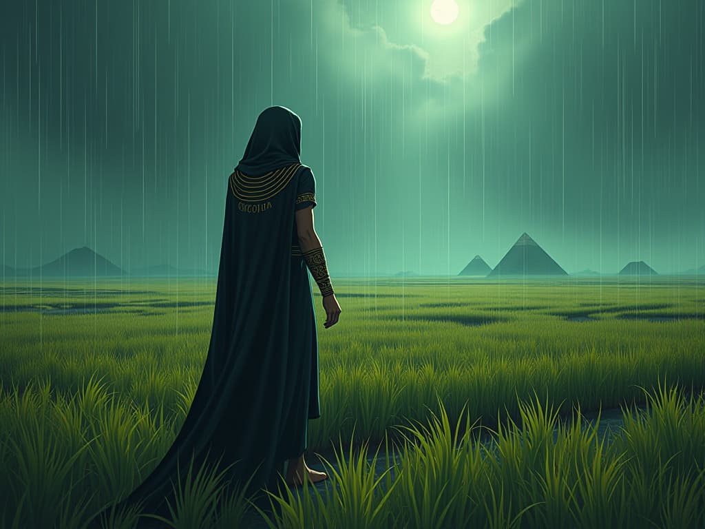  rain falling on fertile fields, crops growing, earth being nourished, aura of life sustenance. the style is digital art illustration / modern comic book / mysterious occult, symbolic, esoteric vibe,high detail on character design, incorporating ancient egyptian symbology and attire.