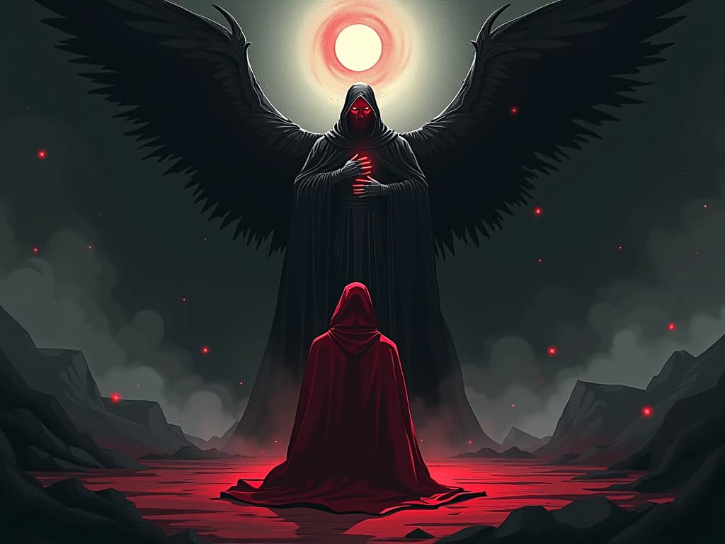  person kneeling in red cloak, placing hand on heart, facing a celestial being, strong sense of acknowledging mistakes. the style is digital art illustration / modern comic book / graphic dark novel fantasy and mysterious occult, symbolic, moody lighting, esoteric vibe,high detail on character design. for the color scheme emphasize blacks and reds.