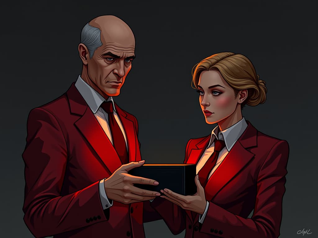  colleague in red business suit, handing over a small black box, subtle smirk, aura of hidden motives. the style is digital art illustration / modern comic book / graphic dark novel fantasy and mysterious occult, symbolic, moody lighting, esoteric vibe,high detail on character design. for the color scheme emphasize blacks and reds.