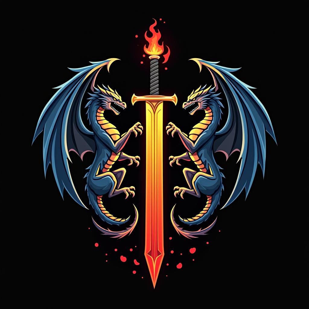  design a logo, custom sticker design on an isolated black background decorated by mythical dragons and a flaming sword