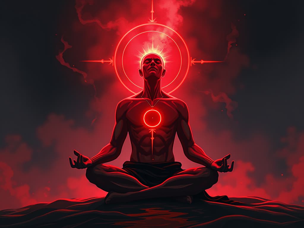  brief but powerful surge of energy, glowing red aura around a meditating figure, ethereal light, intense and revitalizing. the style is digital art illustration / modern comic book / graphic dark novel fantasy and mysterious occult, symbolic, moody lighting, esoteric vibe,high detail on character design. for the color scheme emphasize blacks and reds.