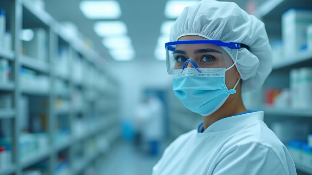  biotech facility worker in cleanroom wearing protective gear in pharmaceutical industry. concept biotech, cleanroom, protective gear, pharmaceuticals, pharmaceutical industry