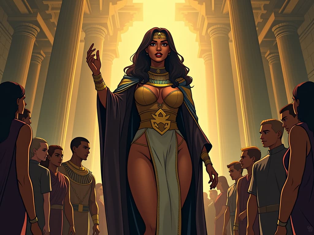  a large busted female figure in an elegant, form fitting robe adorned with egyptian symbols, standing amidst a group of people, guiding them with a raised hand, symbolizing you are not just a participant in this world. the style is digital art illustration / modern comic book / mysterious occult, symbolic, esoteric vibe,high detail on character design, incorporating ancient egyptian symbology and attire.