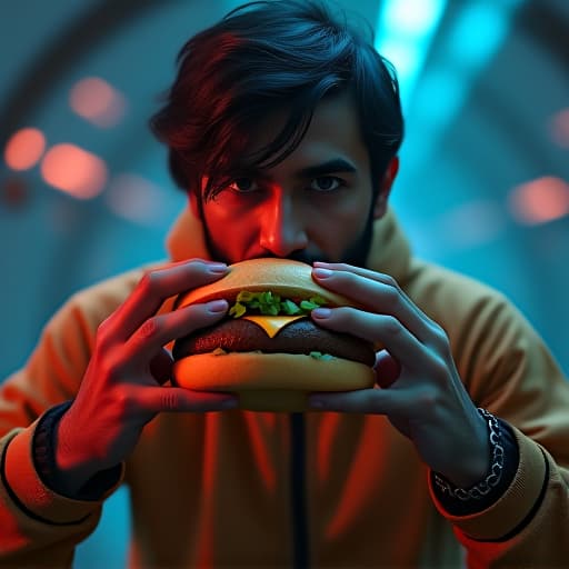  a indian man in the space eating burger hyperrealistic, full body, detailed clothing, highly detailed, cinematic lighting, stunningly beautiful, intricate, sharp focus, f/1. 8, 85mm, (centered image composition), (professionally color graded), ((bright soft diffused light)), volumetric fog, trending on instagram, trending on tumblr, HDR 4K, 8K