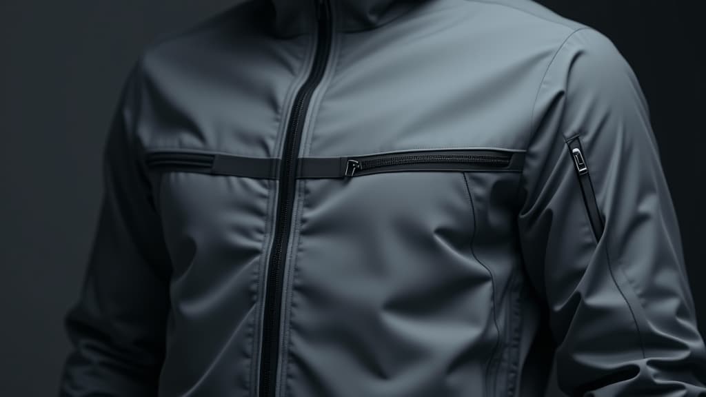  a grey waterproof jacket with black stripes and zippers, blending function with a sleek design., high quality, high details, hd, perfect composition, 4k epic detailed, highly detailed, sharp focus, high resolution