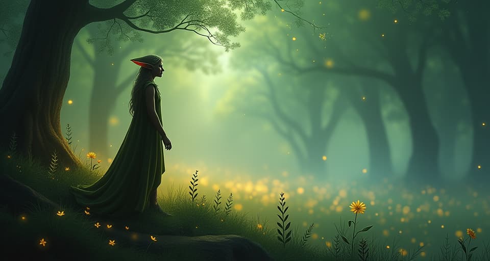  a mystical elf standing at the edge of a glowing forest, looking out over a bright, enchanted meadow. his expression is one of contemplation, as ethereal glows swirl around him, denoting the elusive mystery.. the style is digital art illustration,highly detailed, whimsical,magical, dreamlike atmosphere, realism and fantasy blend, smooth, glossy textures,luminous quality, wonder and enchantment.