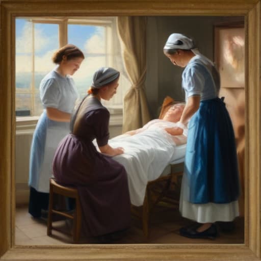 The scene could show a nurse caring for a patient, or a group of nurses working together. The painting could convey the sense of care, compassion and professionalism that characterises nursing