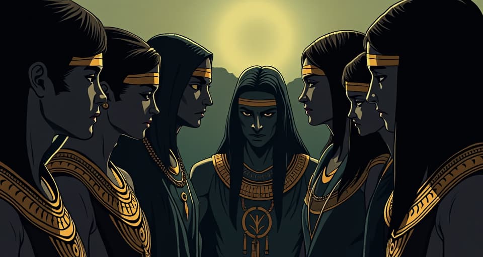  gathering of people, faces shadowed, whispering, smirks, and side glances. the style is digital art illustration / modern comic book / mysterious occult, symbolic, esoteric vibe,high detail on character design, incorporating ancient egyptian symbology and attire.