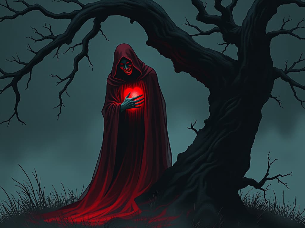  ghostly figure in red leaning against a twisted tree, hand over heart, face contorted with pain, night engulfed in mist. the style is digital art illustration / modern comic book / graphic dark novel fantasy and mysterious occult, symbolic, moody lighting, esoteric vibe,high detail on character design. for the color scheme emphasize blacks and reds.