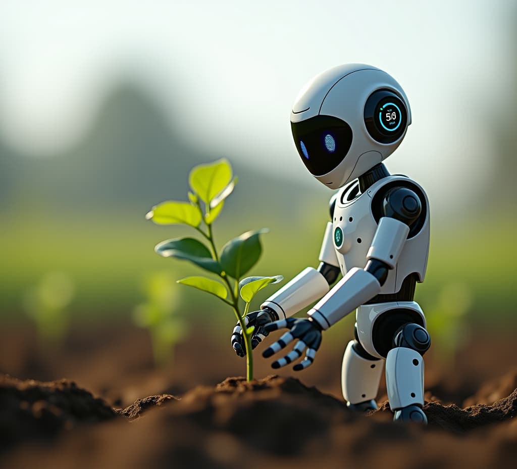  a forward looking, determined humanoid robot planting a sapling with a timer showing "5 years" above it