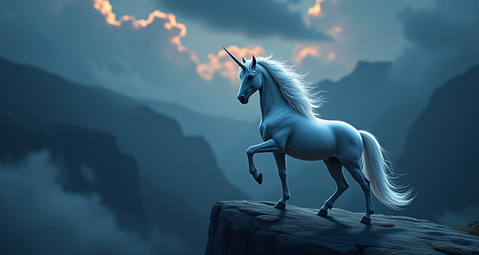  a majestic unicorn with a flowing, shimmering mane, standing on a cliff overlooking a dark, enchanted valley. the air filled with an atmosphere of unapologetic truth.. the style is digital art illustration,highly detailed, whimsical,magical, dreamlike atmosphere, realism and fantasy blend, smooth, glossy textures,luminous quality, wonder and enchantment.