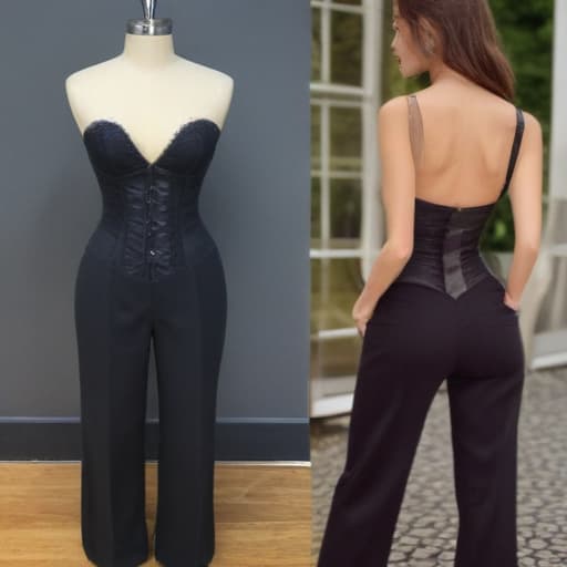 Pour créer un ensemble deux pièces inspiré des images que vous avez fournies, voici quelques suggestions de conception qui pourraient combiner l'élégance d'un corset avec la modernité d'un pantalon inspiré d'une combinaison. 1. Haut type corset: - Utilisez un tissu structuré qui maintient la forme du corset. - Incluez des détails de bonneterie et/ou de broderie similaire à celle de la robe de la première image pour donner un aspect luxueux et détaillé. - Le haut peut avoir des manches longues en dentelle transparente pour évoquer la délicatesse de la première image. - Pour une touche moderne, pensez à une découpe en cœur ou une encolure décolletée qui suit le design de la robe de la première image. 2. Pantalon: - Opt