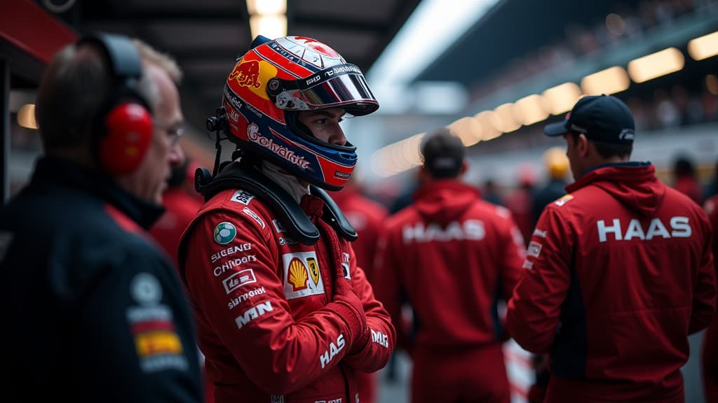  create a dramatic image of oliver bearman preparing for his thrilling formula 1 debut with haas in baku. show bearman in his racing suit, putting on his helmet, surrounded by his mechanics in the bustling pit box. include haas logos prominently displayed. capture the tension and excitement of the moment with dynamic lighting, emphasizing the contrast between the calmness of bearman and the energetic atmosphere of the race day preparations. ensure the composition is ultra realistic, detailed, and