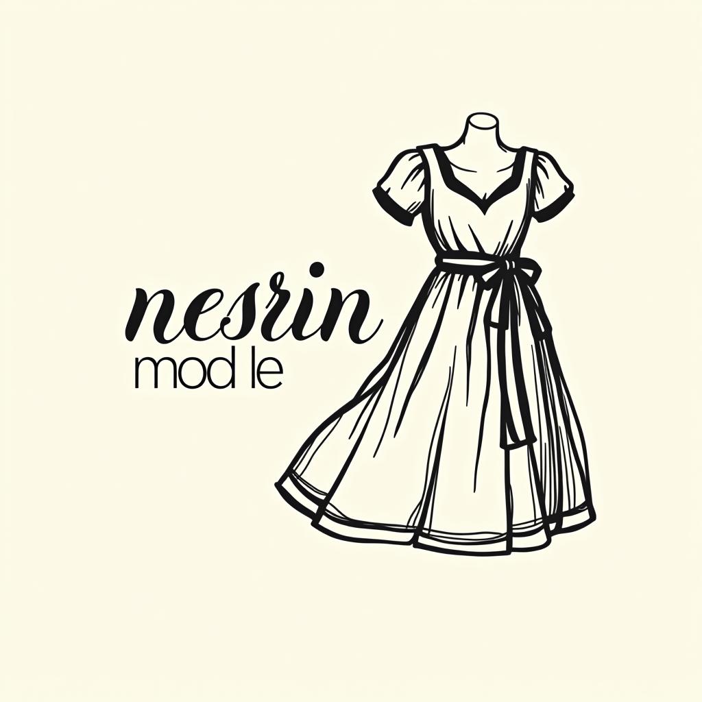  design a logo, nesrin mode hintergrund schwarz schrift weiß neben ein gezeichnetes kleid , with the text 'nesrin mode '.