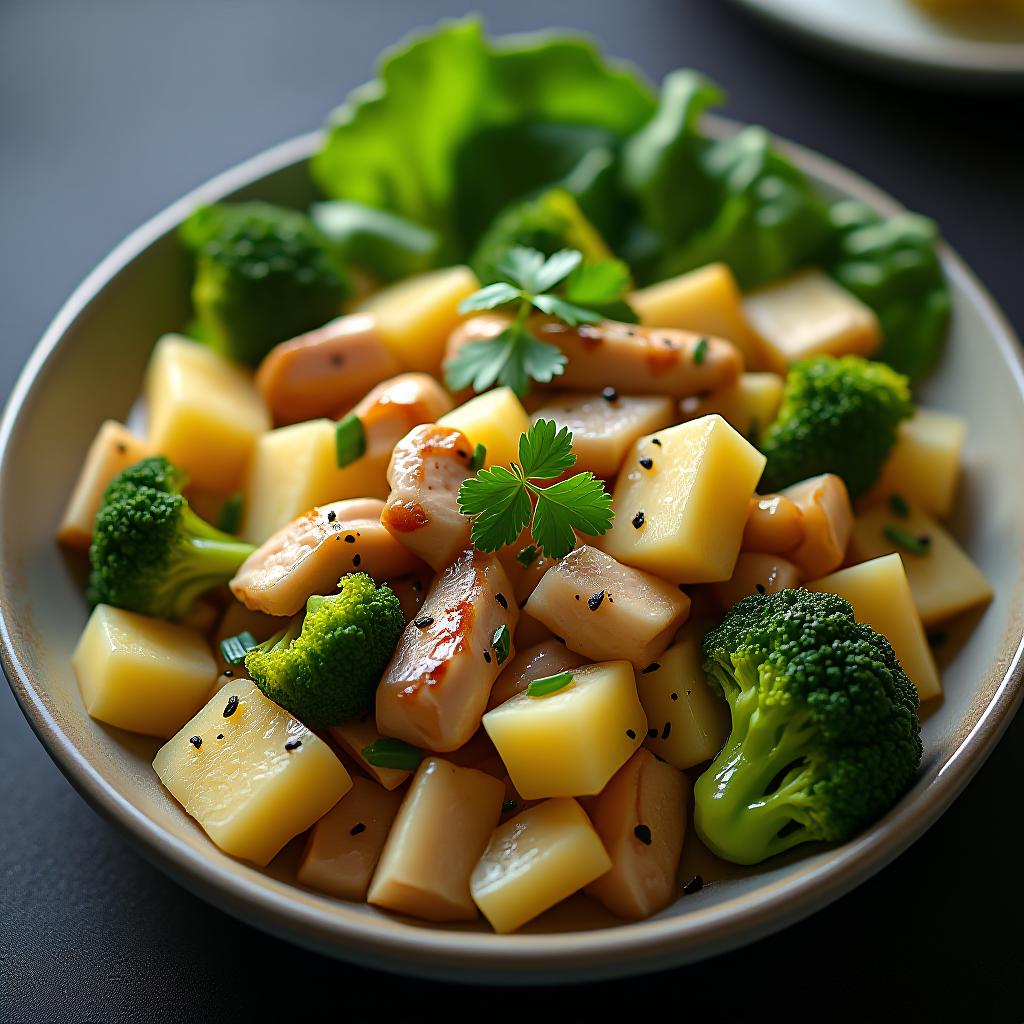  a visual of a dish made with leeks, pineapple, chicken, lettuce, parsley, black pepper, broccoli, and bok choy. the visual should include all ingredients, but it should be a dish that is a mixture of all ingredients. hyperrealistic, full body, detailed clothing, highly detailed, cinematic lighting, stunningly beautiful, intricate, sharp focus, f/1. 8, 85mm, (centered image composition), (professionally color graded), ((bright soft diffused light)), volumetric fog, trending on instagram, trending on tumblr, HDR 4K, 8K