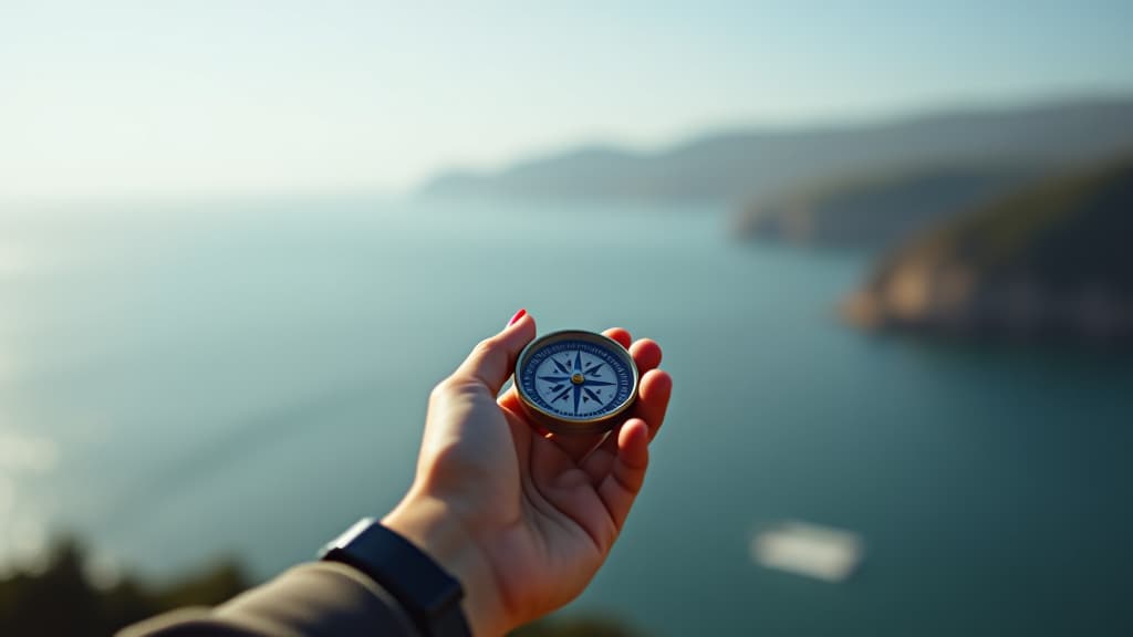  view of woman's hand with compass on beautiful sea landscape background