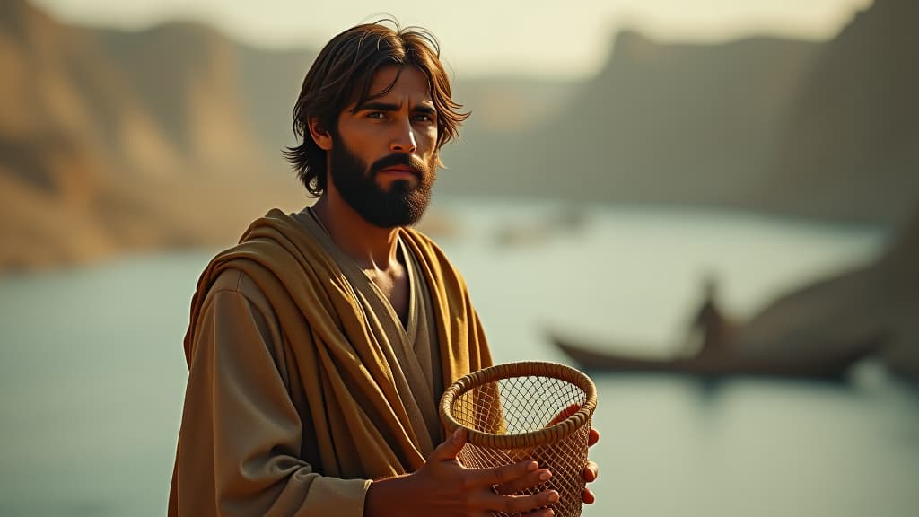  a vivid image of andrew, apostle of jesus, a humble man with a kind face, short beard, and tousled hair. dressed in biblical robes, he holds a small fishing net, reflecting his role before following jesus. the scene is set near the jordan river. hyperrealistic, full body, detailed clothing, highly detailed, cinematic lighting, stunningly beautiful, intricate, sharp focus, f/1. 8, 85mm, (centered image composition), (professionally color graded), ((bright soft diffused light)), volumetric fog, trending on instagram, trending on tumblr, HDR 4K, 8K