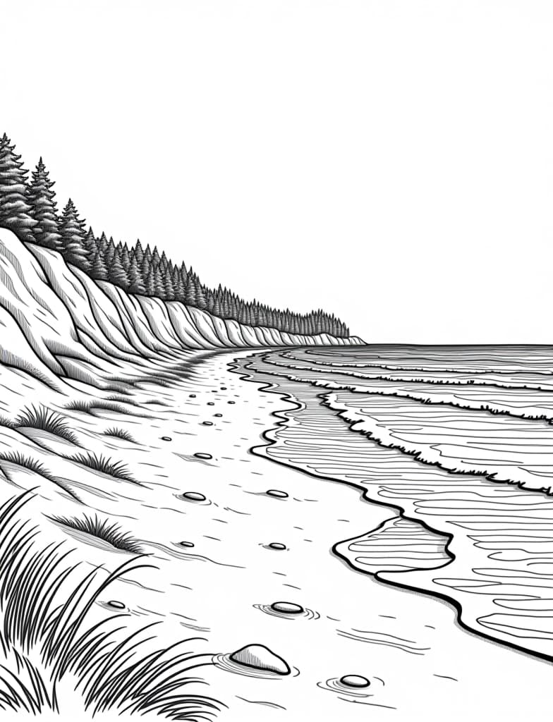  this is for an adult coloring page. a detailed black and white line art of a snowy snowy beach with frozen waves and ice covered sand on a solid white background.